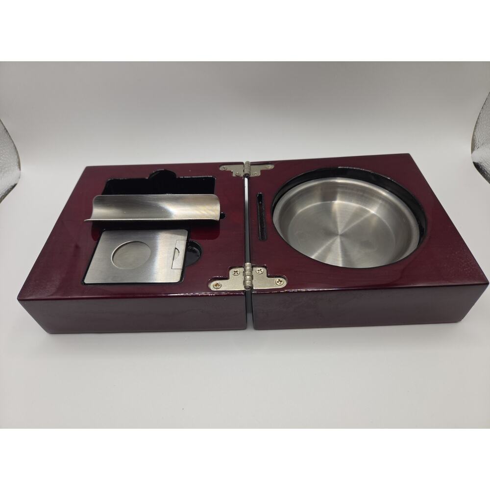 Wood & Metal Folding Cigar Ashtray with Cutter and Holder Set Missing Part
